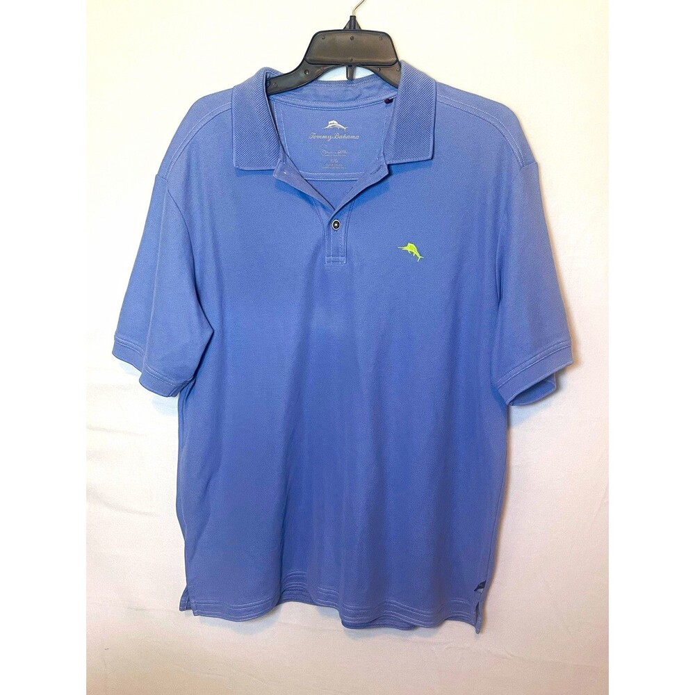 Tommy Bahama Men's L Blue Solid Short Sleeve Collared Knit Polo Logo Island